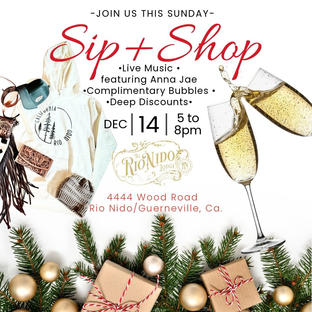 Join us THIS SUNDAY from 5-8pm
on Dec. 14th for our Holiday Sip & Shop 🥂 
Enjoy Live music, 1 glass of Complimentary Bubbles, & Deep discounts in our Mercantile 🎁 All merch will be Buy One, 
Get One Half Off!
Music by our local favorite Anna Jae 🎶 
@annajae3 🎙️ 
Grab your girls, shop, sip & savor dinner after! 
Cheers Lovelys! 🎄 
. . .
#SonomaCounty #California #holidays