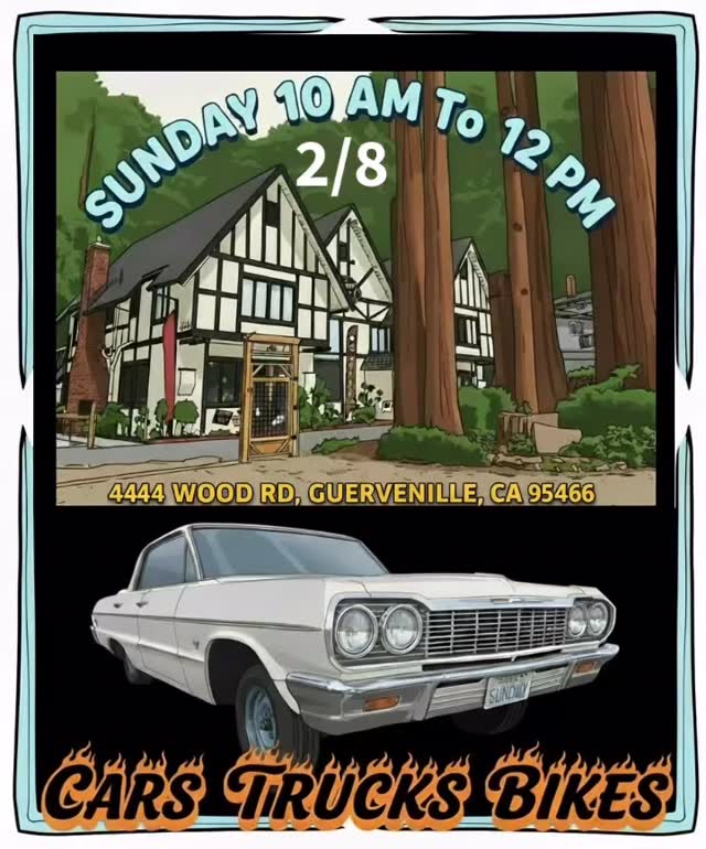 Have a bad ass car you want to show off?
Come hang with other enthusiasts this Sunday, 3/8, from 10 AM to 12 PM at the iconic historic Rio Nido Lodge for Cars, Trucks, Coffee, Breakfast & Bikes under the redwoods!
Enjoy:
•	Piping hot coffee
•	Delicious breakfast sandwiches (the best in town!) other breakfast options.
•	Excellent pastries and donuts

Please park in the main parking lot to the lodge.
Come for the cars and bikes, stay for the food and community!

  4444 Wood rd
  Guerneville Ca 95446