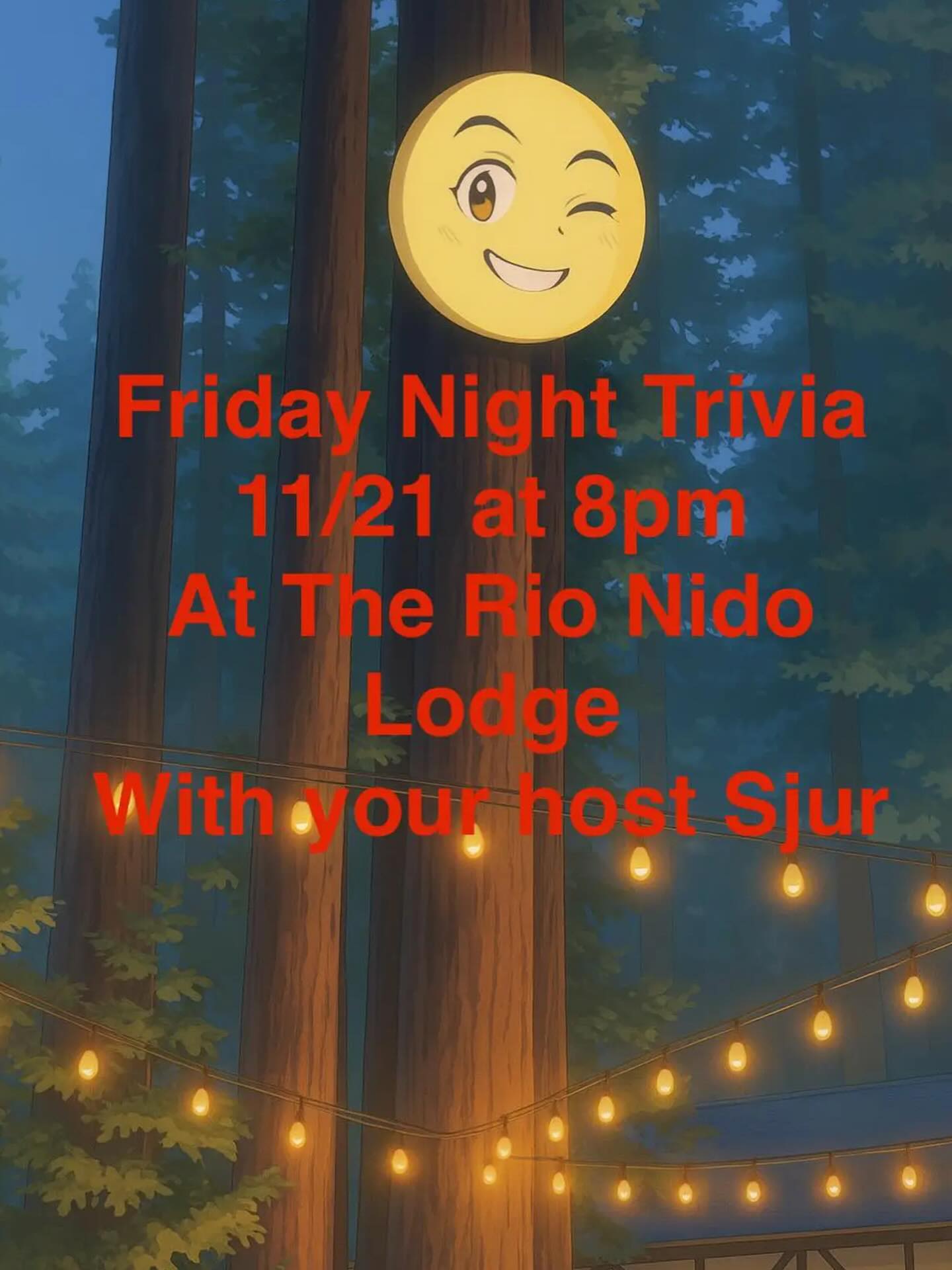 TRIVIA ALERT
Come out for Trivia on 11/21. Bring all your super-brain power, your smartest friends, and even that one friend who knows one random fact from 1969, we need them too. Come have a drink or two and participate in the fun. #trivia #westsonomacounty #RioNido
8pm 11/21 and 12/5
The Rio Nido Lodge