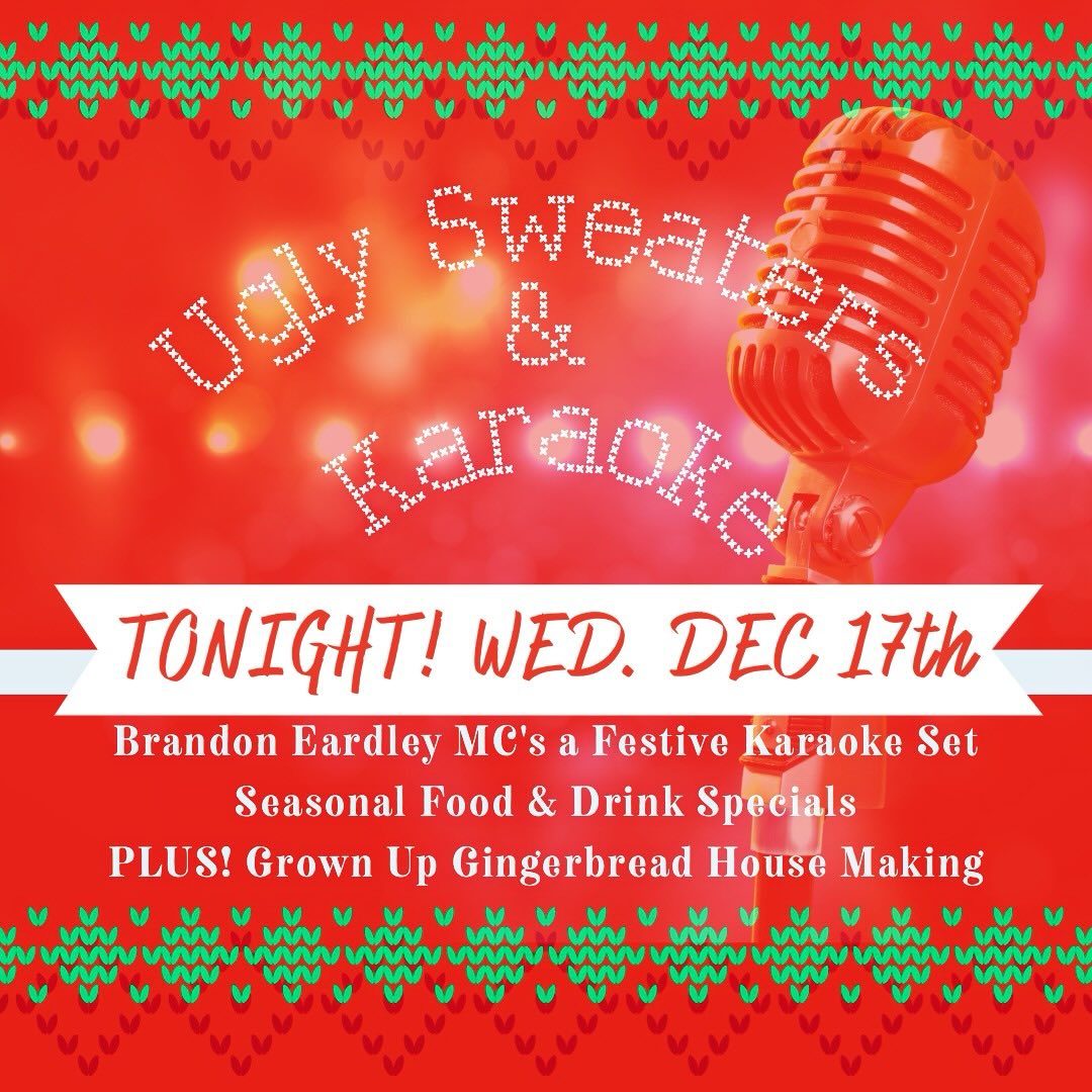 TONIGHT! WED 12/17 –  Join Us for
Our Annual Ugly Sweater Christmas Karaoke Party!🥳🎄🎤🤶 w/ @brandoneardleymusic 
Featuring a Contest for Ugliest Sweaters!!Prizes for 1st–3rd place:
📺 Large flat-screen TV • Gift Baskets • 
+ a Stay in our Honeymoon Cottage!!! 🏆
& Complimentary (Adults-Only) 
Gingerbread House Making 🎄
Doors open at 5:30 for drinks & dinner service, the musical fun starts at 6:30.
MERRY VIBES TO YA’LL! 🎅🍻
. . .
#SonomaCounty #California #holidays