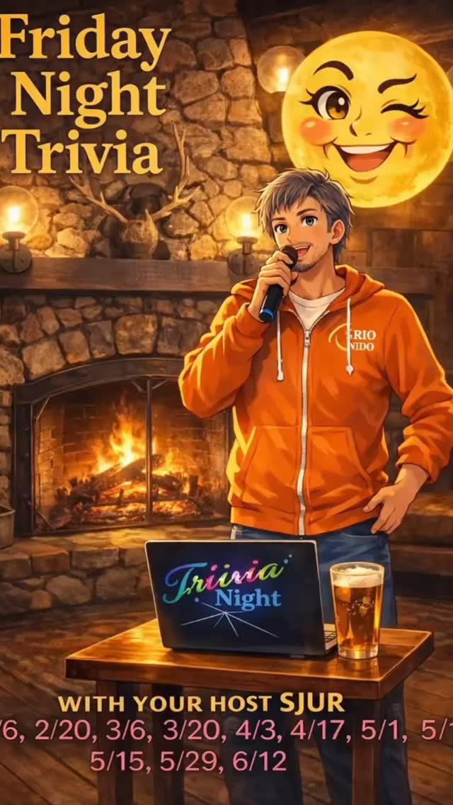 Friday night, the fire’s alight.
Grab your team and grab a drink, Let’s see how fast you really think. 3/6/26 at 8pm The Rio Nido Lodge