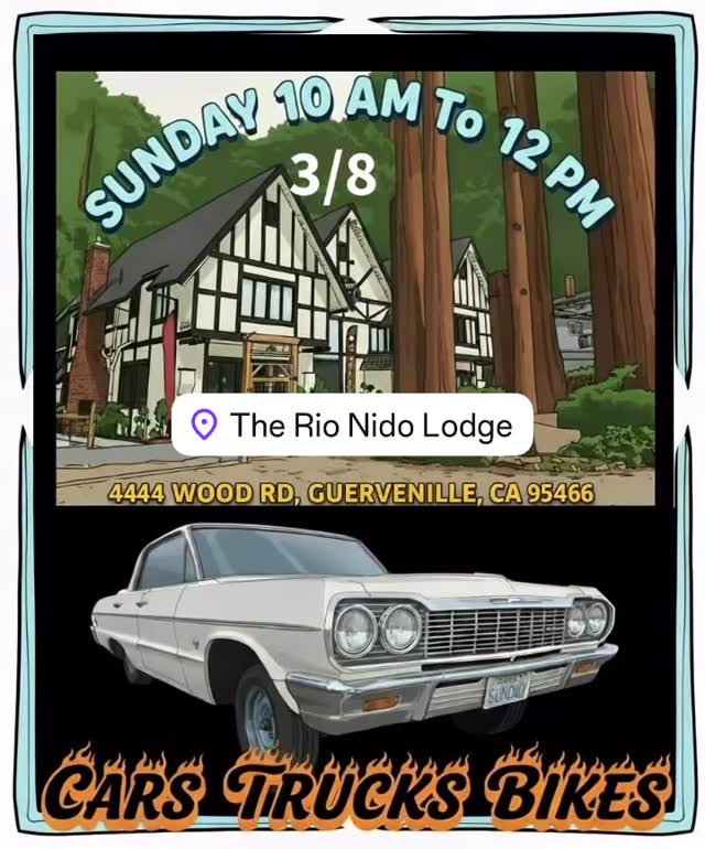 Have a bad ass car you want to show off?
Come hang with other enthusiasts this Sunday, 3/8, from 10 AM to 12 PM at the iconic historic Rio Nido Lodge for Cars, Trucks, Coffee, Breakfast & Bikes under the redwoods!
Enjoy:
•	Piping hot coffee
•	Delicious breakfast sandwiches (the best in town!) other breakfast options.
•	Excellent pastries and donuts

Please park in the main parking lot to the lodge.
Come for the cars and bikes, stay for the food and community!

  4444 Wood rd
  Guerneville Ca 95446