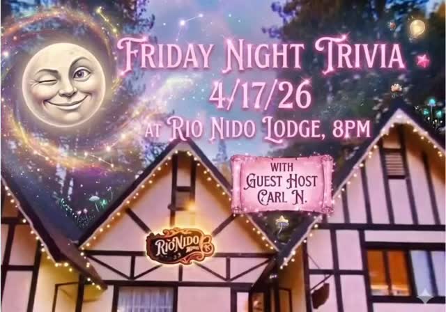 Friday Night Trivia alert!
Some nights have a different kind of electricity to them. Tomorrow’s one of those with guest host Carl N, bringing his own magic to the mic. Come gather, play, connect. The river’s outside, the laughs are inside.
8pm | Teams up to 6 | No cover | Rio Nido Lodge Just come and bring everyone.
•.°
FRIDAY NIGHT