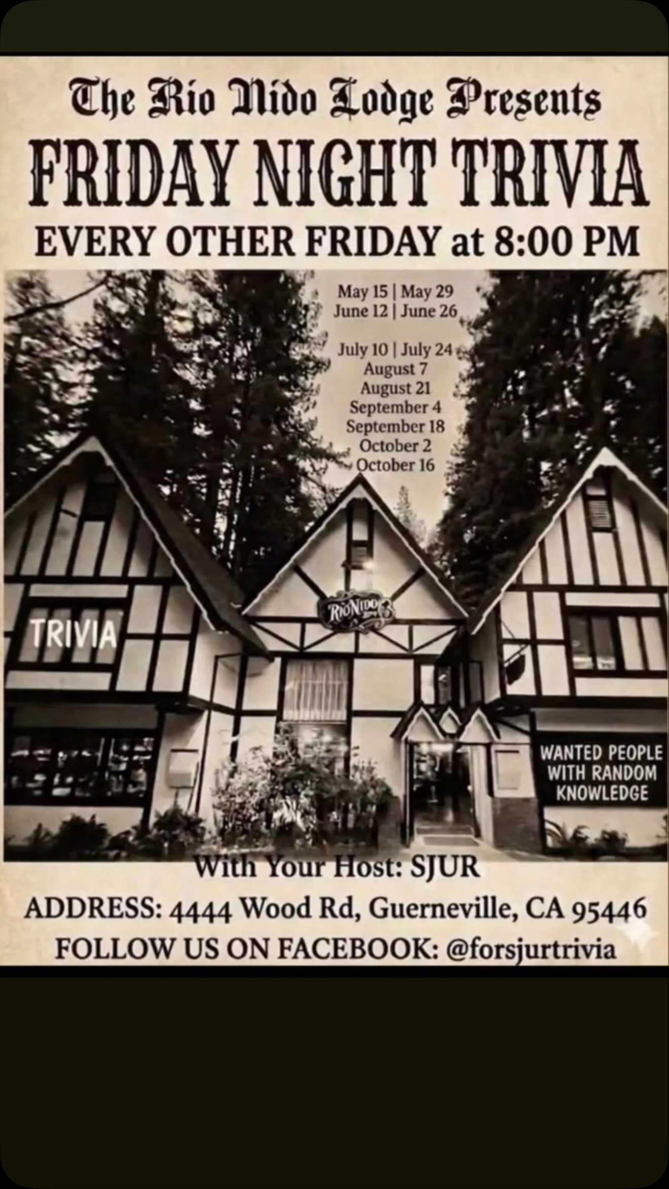 Trivia Night at Rio Nido Lodge
Tonight, 8PM
the river’s rolling, the beer’s cold, and your host Sjur Hatloe has questions for you.
Think you know it all? Gather your crew, grab a table, and find out if your trivia knowledge runs as deep as the Russian River itself.
Bragging rights • Prizes to 1st place • Good vibes
Rio Nido Lodge
Tonight, 8PM
Come for the questions. Stay for the conversations.
Follow us on FB and Instagram @ForSjurTrivia