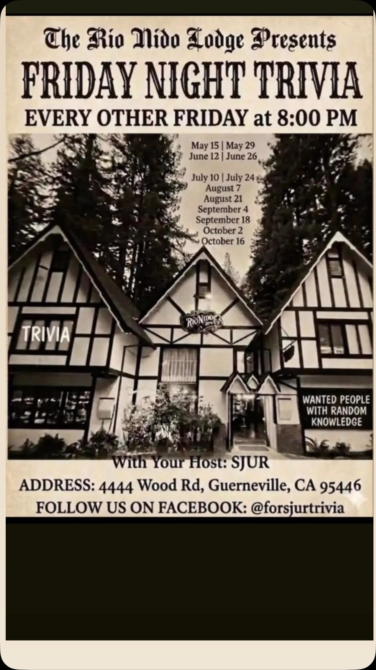 Trivia Night at Rio Nido Lodge
Tonight, 8PM
the river’s rolling, the beer’s cold, and your host Sjur Hatloe has questions for you.
Think you know it all? Gather your crew, grab a table, and find out if your trivia knowledge runs as deep as the Russian River itself.
Bragging rights • Prizes to 1st place • Good vibes
Rio Nido Lodge
Tonight, 8PM
Come for the questions. Stay for the conversations.
Follow us on FB and Instagram @ForSjurTrivia