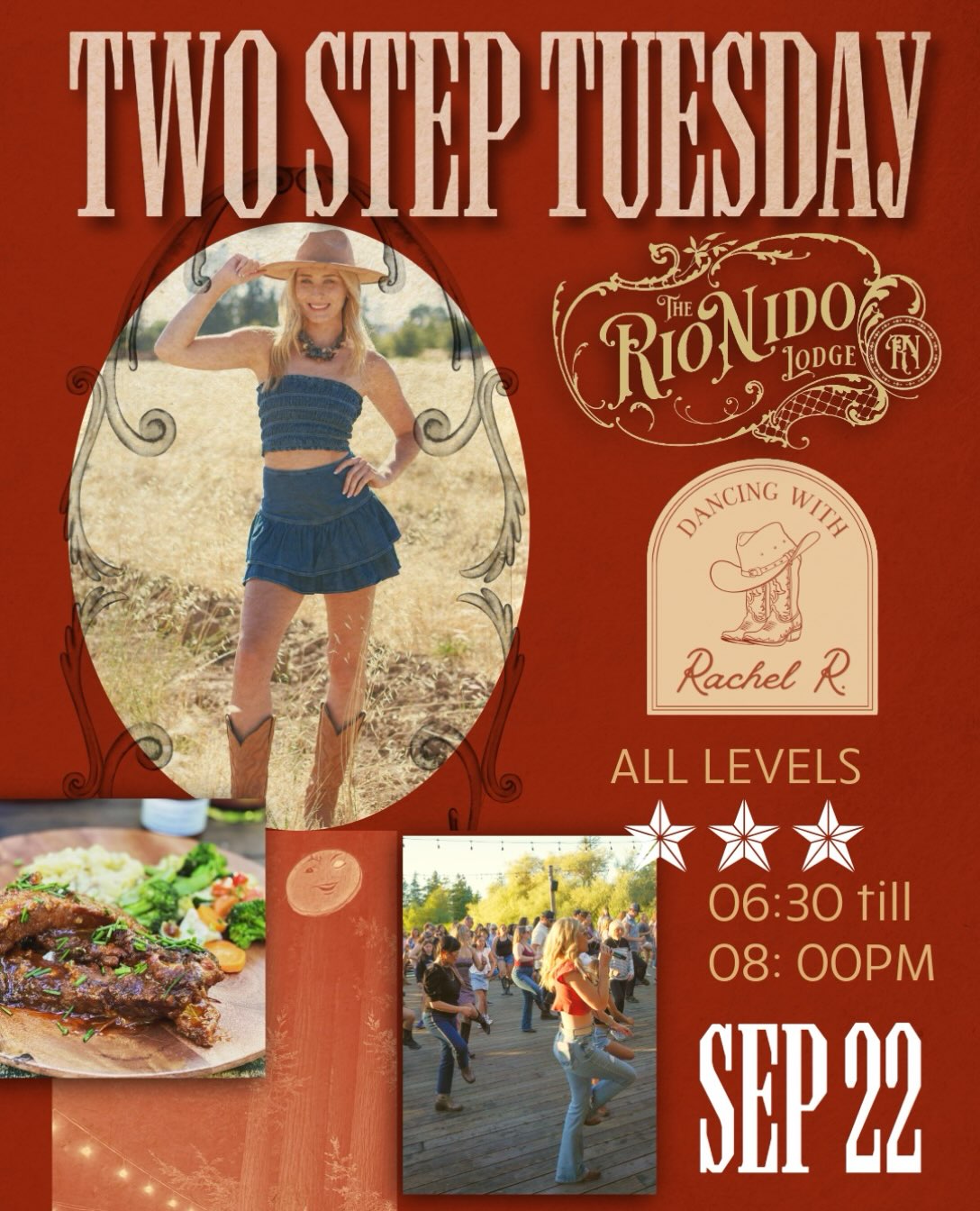 Two -Stepping Tuesday is coming to The Rio Nido Lodge!
On Tuesday, 9/22 take FREE line dancing lessons with Rachel R. from 6:30-7:30 followed by open line dancing under the moonlight from 7:30-8 pm. 
All levels welcome!
Enjoy our Bar & Cafe:
4:30- close ⤵️
~Western themed cocktail of the evening 
~Ribs Special
~IPA Chili 
+
NEW Country themed mercantile goods featuring fun flannels for Fall, boots, beanies, & cowhide bags
. . . 
#RussianRiver #Guerneville #Dancing #California #SonomaCounty