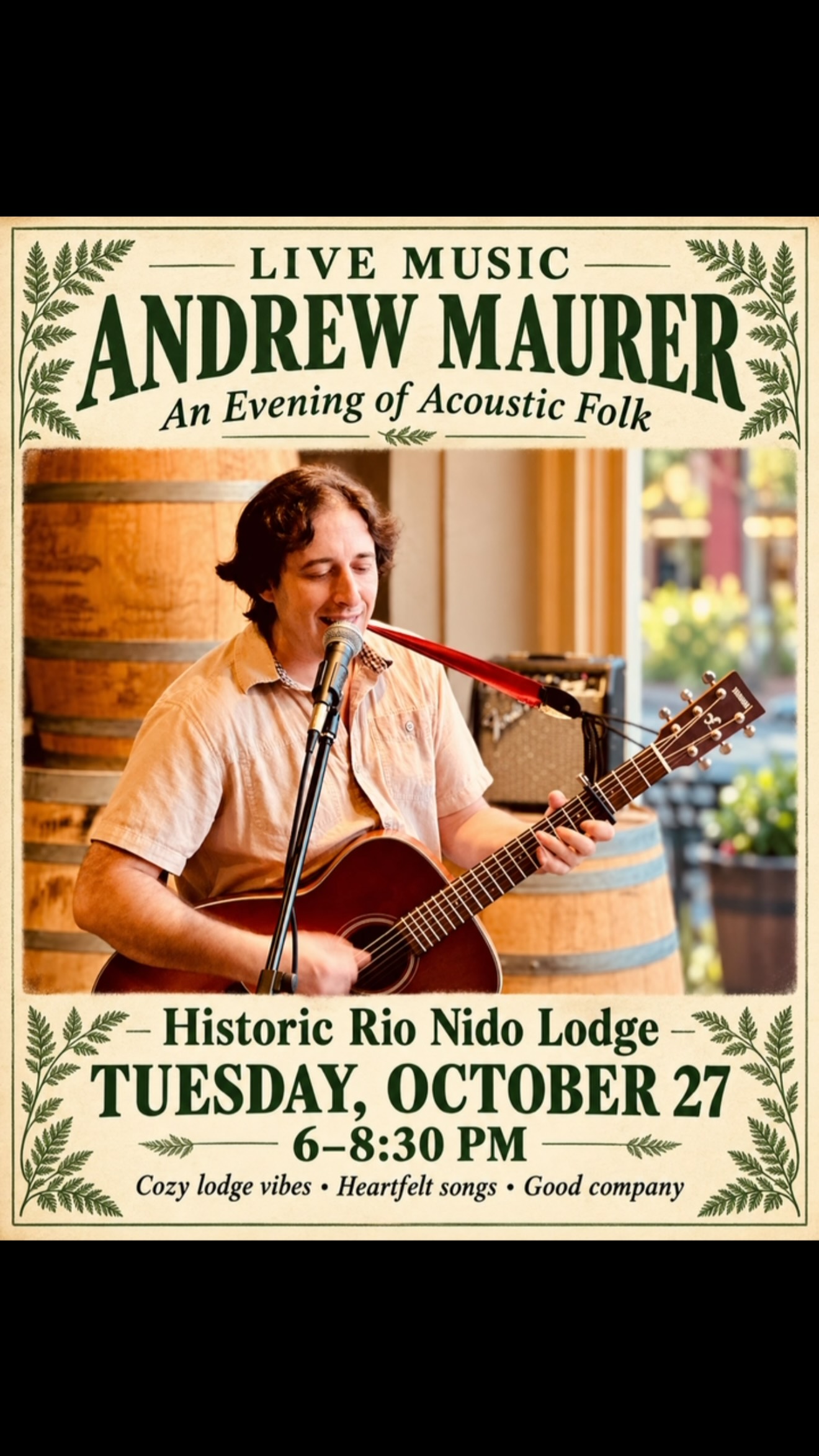 An evening of acoustic folk at the Historic Rio Nido Lodge.

Join us Tuesday, October 27, from 6–8:30 PM for live music with Santa Rosa singer-songwriter Andrew Maurer.

With 30 years of songwriting and musicianship, Andrew draws inspiration from Kate Wolf, Elliott Smith, and Mississippi John Hurt, bringing his own sound to the folk tradition.

Settle in, sip something delicious, and enjoy a cozy evening of music and good company.

Until then, give his EP, When the Sadness Subsides, a listen on your favorite streaming platform.

#RioNidoLodge #AndrewMaurer #LiveMusic #RussianRiver #Guerneville