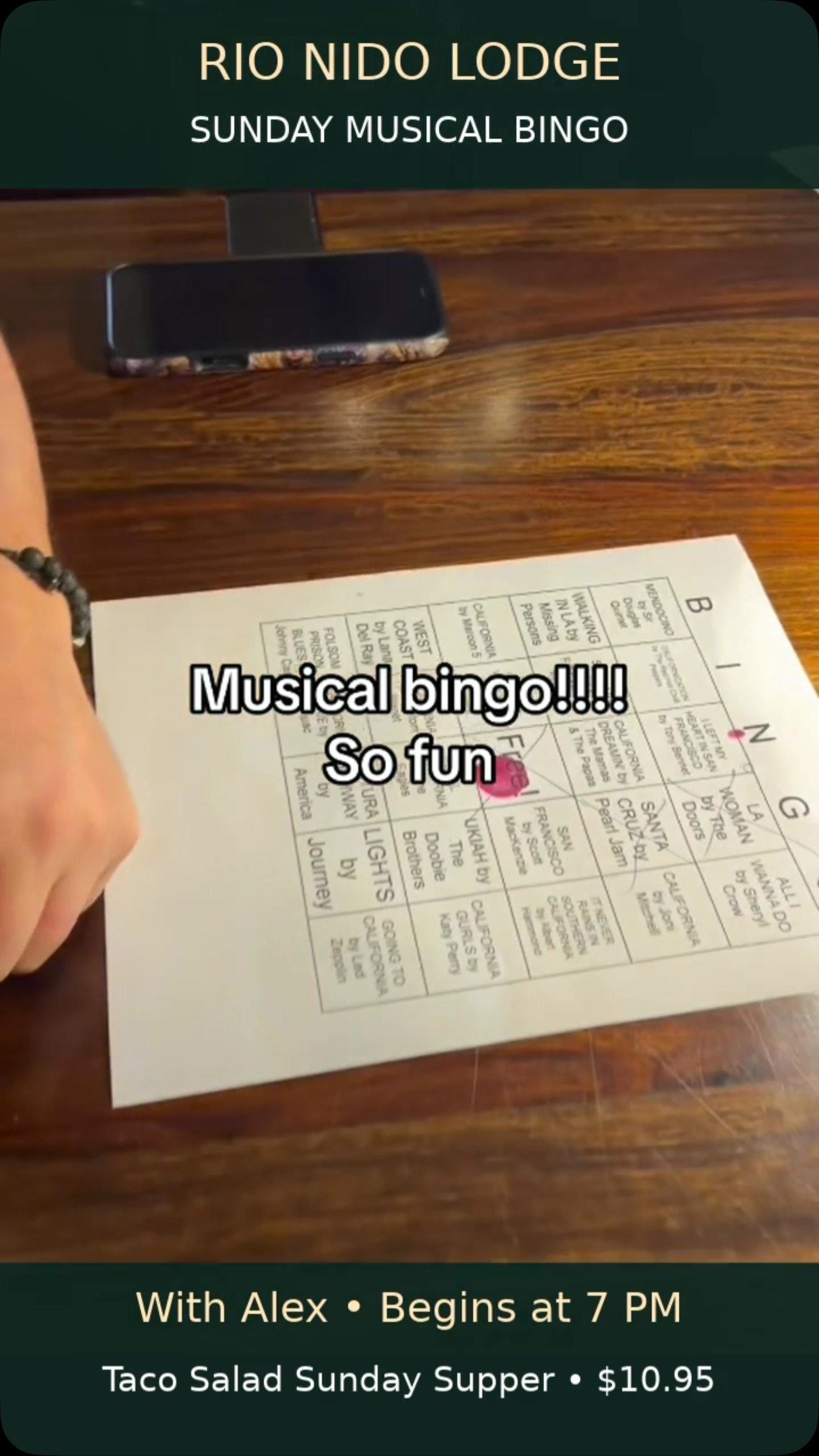 Sunday nights are for good food, great music, and a little friendly competition at the historic Rio Nido Lodge!

Join us for Musical Bingo beginning at 7 PM and enjoy our $10.95 Sunday Supper: taco salad served in a crispy, deep-fried taco shell.

Bring your friends, grab supper, and put your music knowledge to the test. See you at the Lodge!